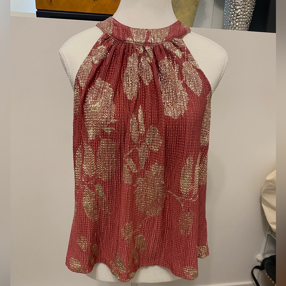 Anthropologie Coral and Gold Floral Blouse